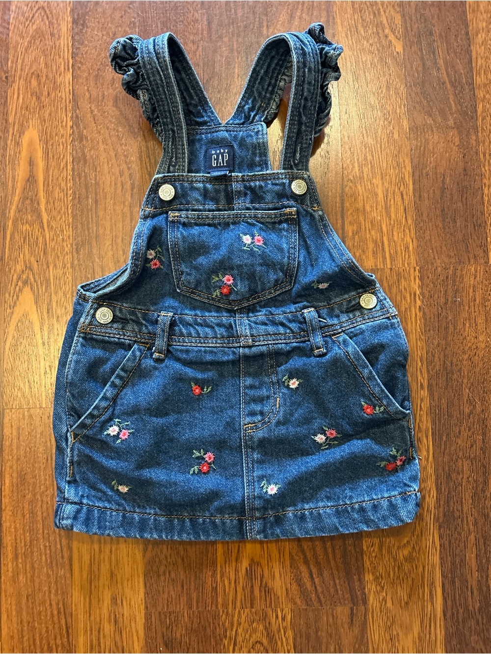 Baby Gap Denim Ruffle Skirtall Overalls Floral Embroidery Size 18-24 Months